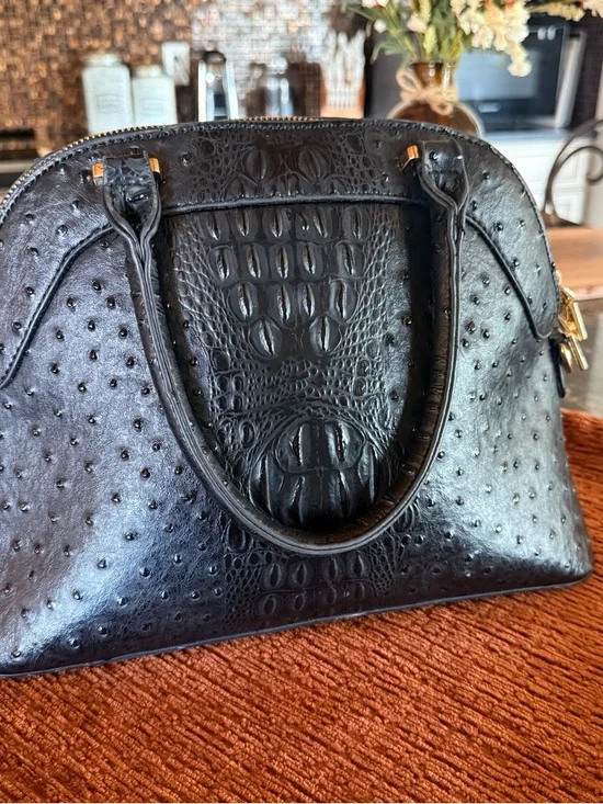 Adrienne Vittadini Embossed Satchel Handbag – Black Ostrich Croc Texture - Picture 2 of 8